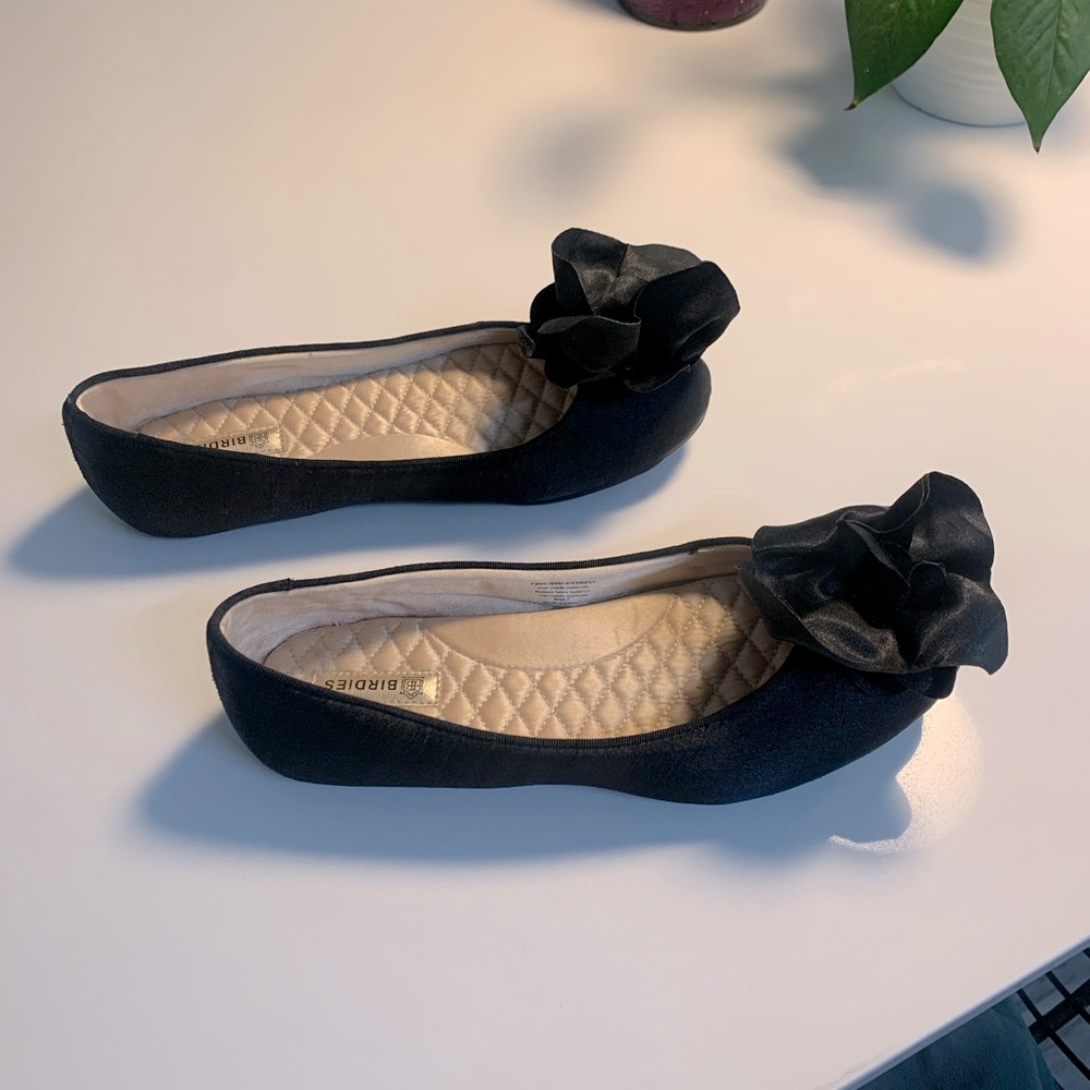 Birdies Black Flats with Floral Accent